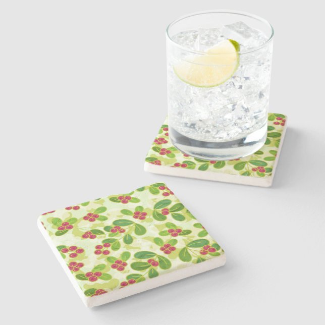 Posavasos De Piedra Patrón Fruta de Cranberry Festial, Verde (Lateral)
