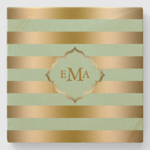 Posavasos De Piedra Patrón Geométrico Monogramado Oro y Bandas Verdes