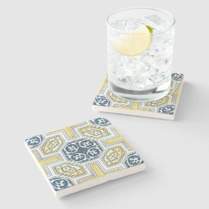 Posavasos De Piedra Patrón geométrico vintage azul amarillo