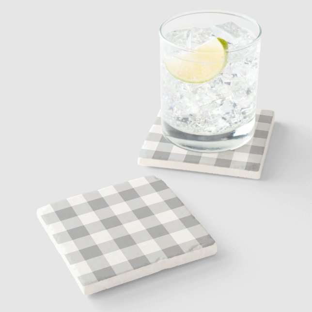 Posavasos De Piedra Patrón Gingham Gris Y Blanco (Lateral)