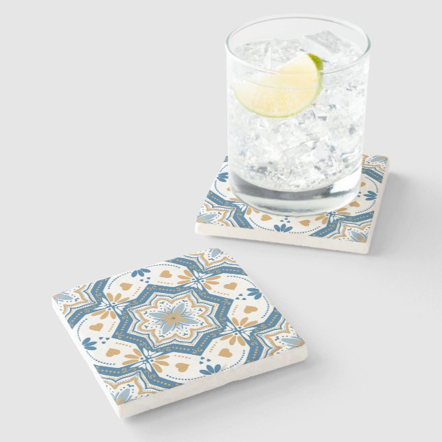 Posavasos De Piedra Patrón portugués amarillo azul azulejo moderno (Lateral)