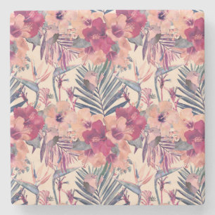 Posavasos De Piedra Patrón retro tropical hibiscus wren