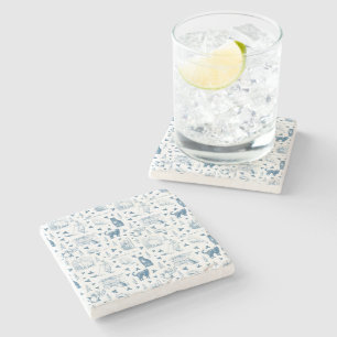 Posavasos De Piedra Patrón retro vintage de la tela Cat Catnip Azul bl