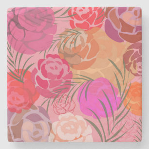 Posavasos De Piedra Patrón rosa con flores y plantas