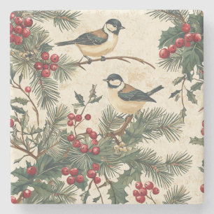 Posavasos De Piedra Patrón Rústico de Navidades de aves y poinsettia (