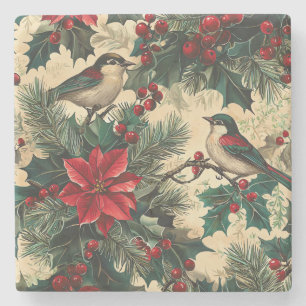 Posavasos De Piedra Patrón Rústico de Navidades de Pájaros y Poinsetti