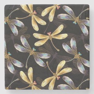 Posavasos De Piedra Patrón sin foco con Dragonflies dorados