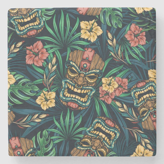 Posavasos De Piedra Patrón tropical hawaiano de la máscara tiki (Anverso)