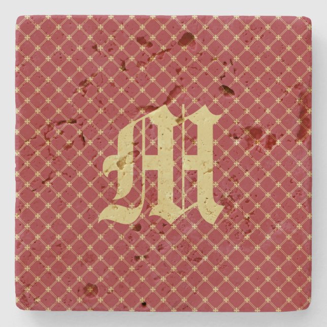 Posavasos De Piedra Patrón Tudor inicial Rojo y Oro personalizado (Anverso)