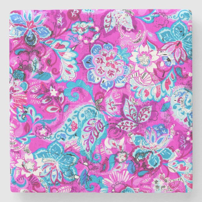 Posavasos De Piedra Patrones de flores rosadas azules (Anverso)