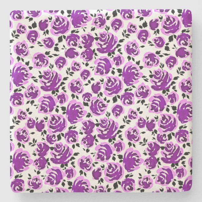 Posavasos De Piedra Patrones de rosas violetas blancas lindas (Anverso)