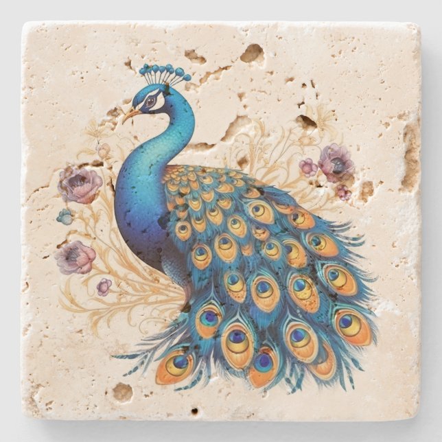 Posavasos De Piedra Pavo Real Con Flores Purpúreas (Anverso)
