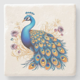 Posavasos De Piedra Pavo Real con Flores Purpúreas