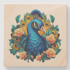 Posavasos De Piedra Pavo Real con Rosas de Durazno