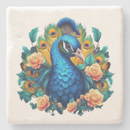 Posavasos De Piedra Pavo Real con Rosas de Melocotón