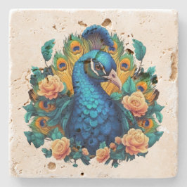 Posavasos De Piedra Pavo Real con Rosas de Melocotón
