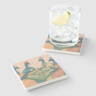 Posavasos De Piedra Pavos Reales Vintage Jugando Mahjong
