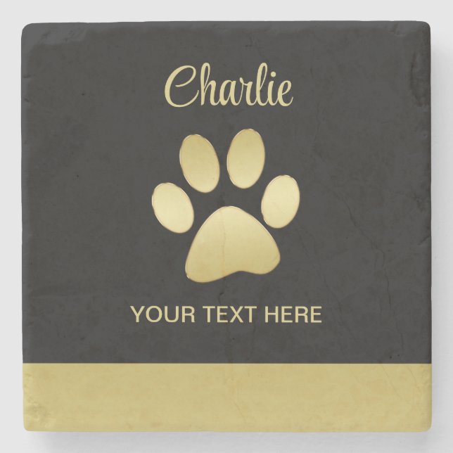 Posavasos De Piedra Paw dorada de perro brillante sobre fondo negro (Anverso)