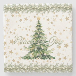 Posavasos De Piedra Paz Y Alegría Árbol Verde De Navidad