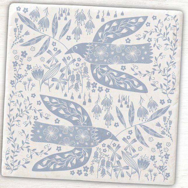 Posavasos De Piedra Peace Dove Birds and Wildflowers Blue (Peace Doves blue and white folk art stone coasters. Original art by Nic Squirrell. )