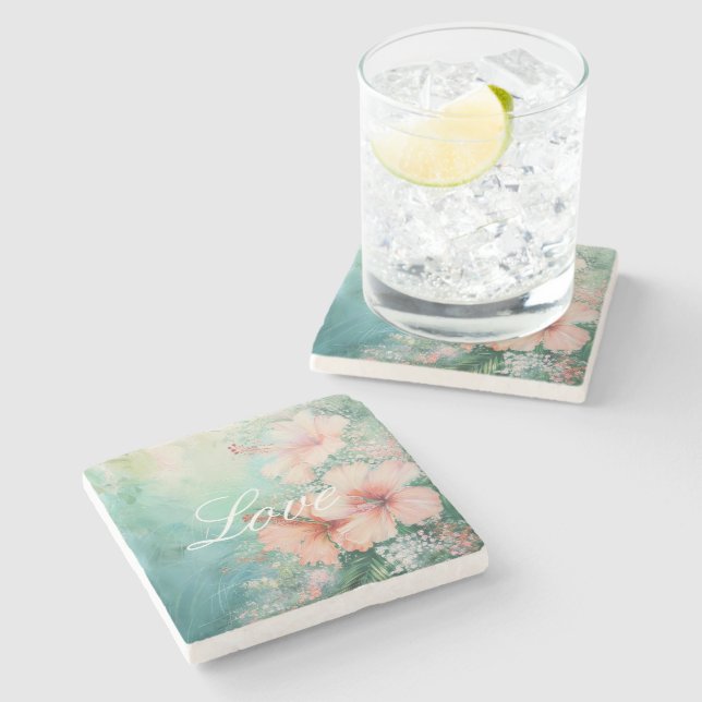 Posavasos De Piedra Peach White Hibiscus Floral Love (Lateral)