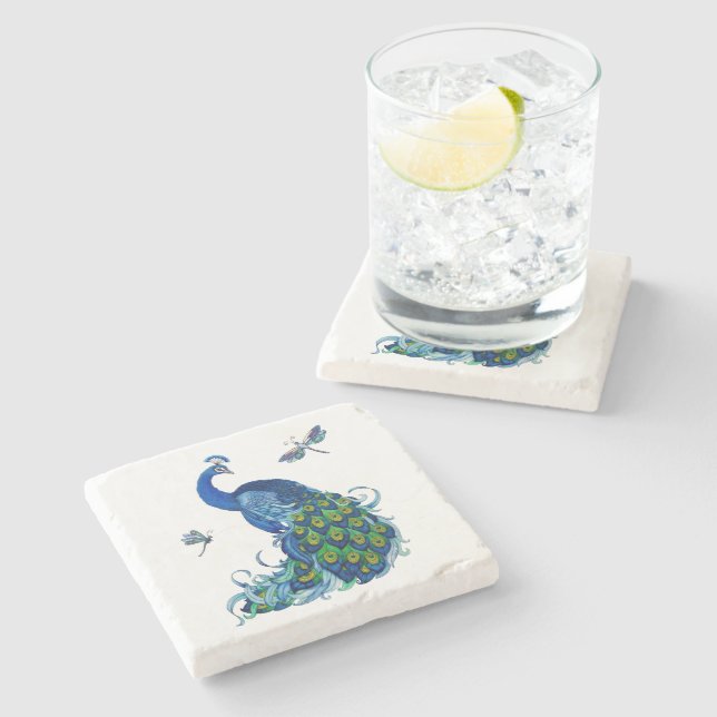 Posavasos De Piedra Peacock and Dragonfly Design Set (Lateral)
