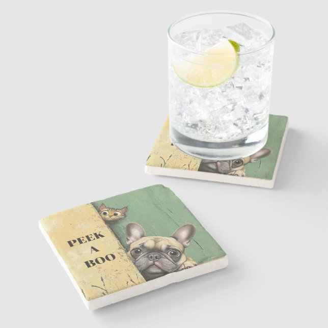 Posavasos De Piedra Peek A Boo Cat Dog (Lateral)
