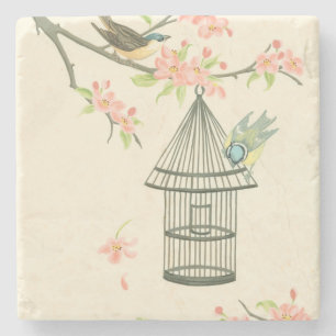 Posavasos De Piedra Pequeños pájaros encaramados en una rama y en un