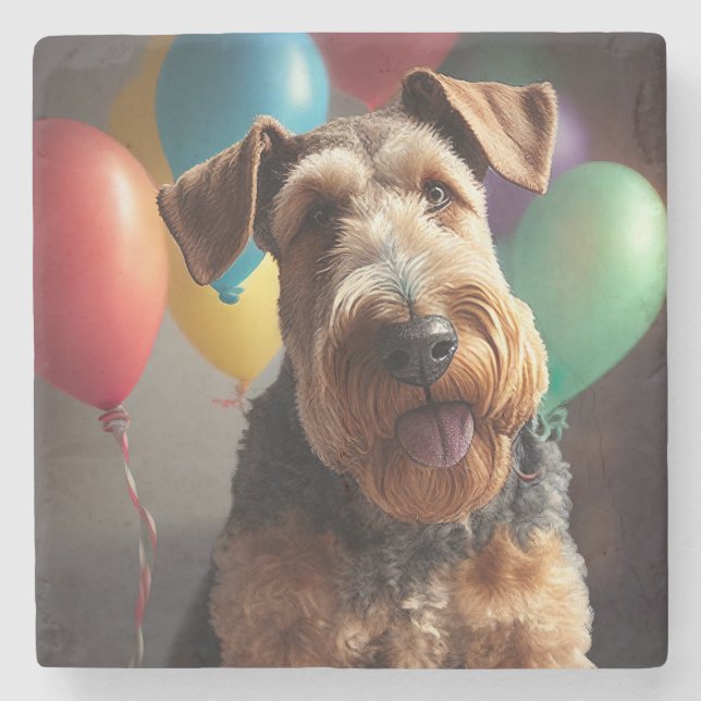 Posavasos De Piedra Perro Airedale con pastel y globos (Anverso)