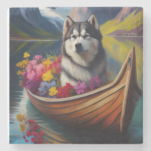 Posavasos De Piedra Perro Alaskan Malamute en Remo: Una Aventura Escén