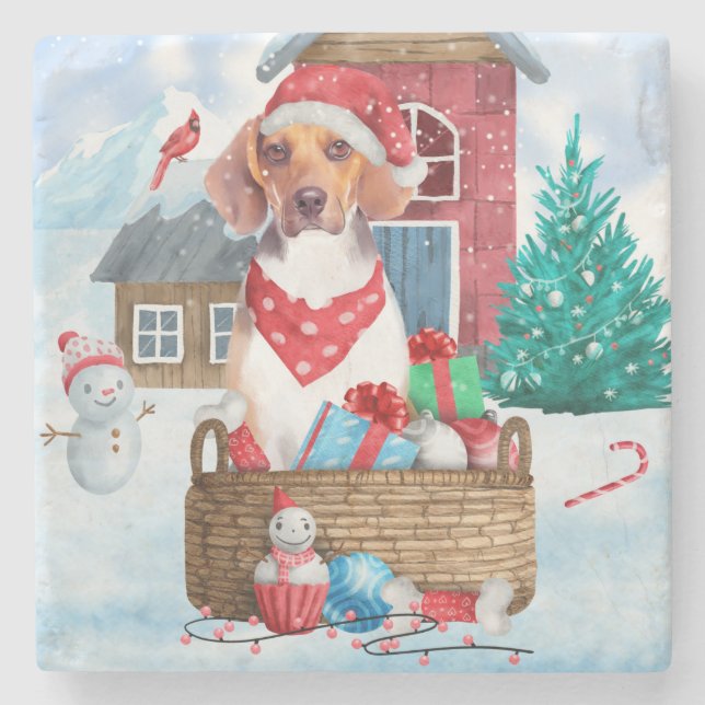 Posavasos De Piedra Perro Beagle En Casa De Perro De Navidades De Niev (Anverso)