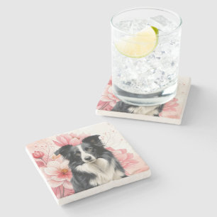 Posavasos De Piedra Perro Border Collie y Lirios Rosados Intenso