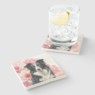 Posavasos De Piedra Perro Border Collie y Lirios Rosados Intenso