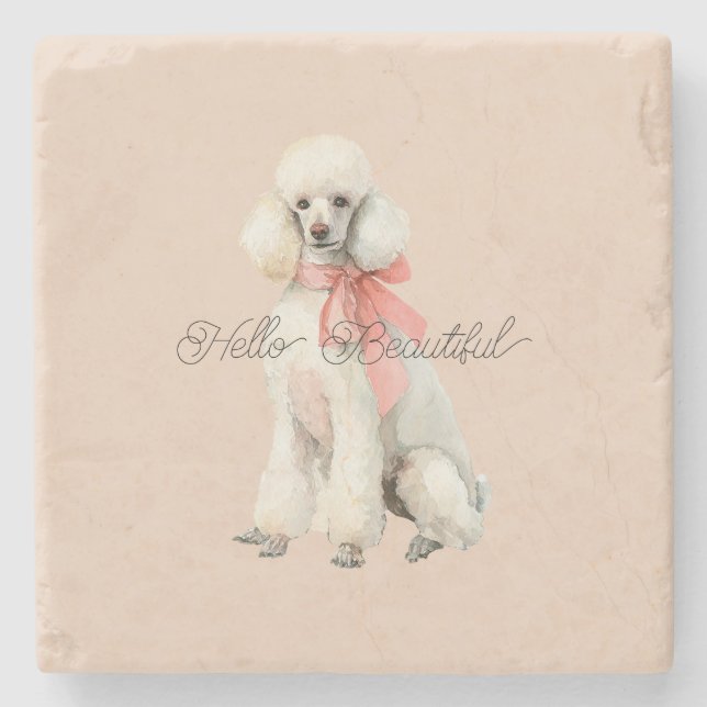 Posavasos De Piedra Perro Caniche Blanco Hola Hermoso (Anverso)