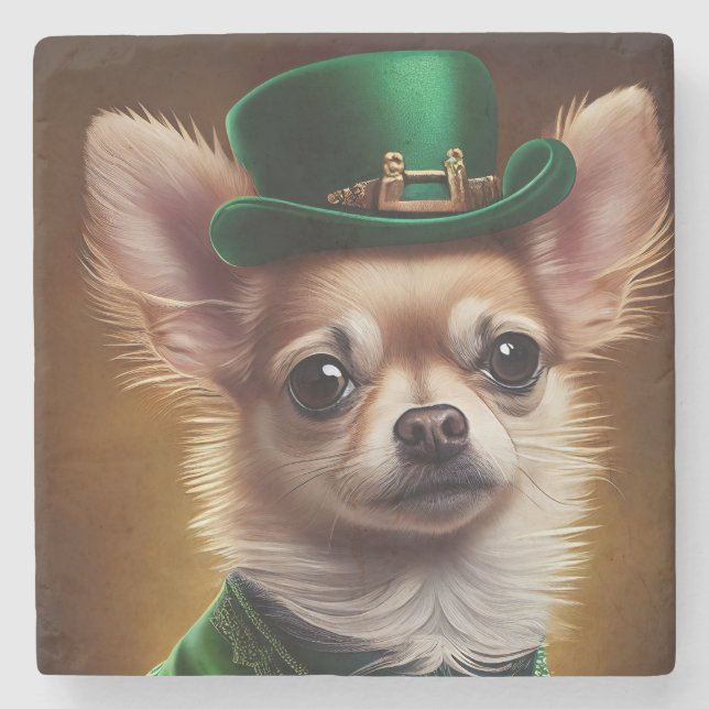 Posavasos De Piedra Perro Chihuahua con vestido del Día de San Patrici (Anverso)