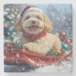 Posavasos De Piedra Perro Cockapoo en Trineo Deja que Nieve Navidad