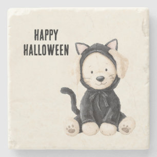 Posavasos De Piedra Perro con disfraz de gato Halloween