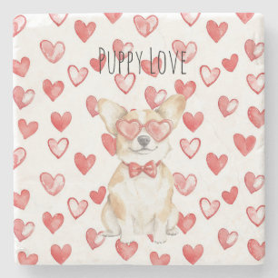 Posavasos De Piedra Perro Corgi Blanco Crema Gafas Corazones Rojos
