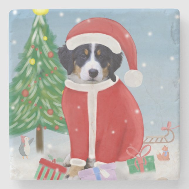 Posavasos De Piedra Perro de montaña de Bernese en nieve con regalos d (Anverso)