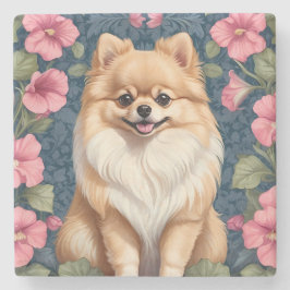 Posavasos De Piedra Perro De Pomerania Con Petunias De Color Rosa