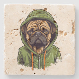 Posavasos De Piedra Perro de Pug con capucha verde
