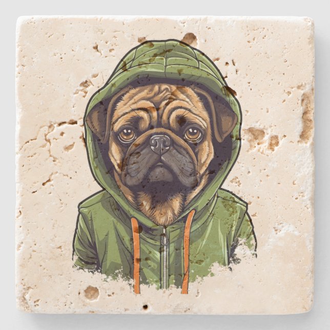 Posavasos De Piedra Perro de Pug con capucha verde (Anverso)
