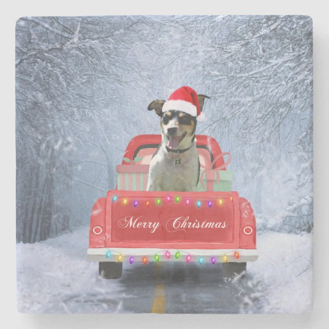 Posavasos De Piedra Perro de Rat Terrier en Nieve sentado en un camión (Anverso)