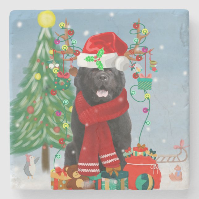 Posavasos De Piedra Perro de Terranova con regalos de Navidades (Anverso)