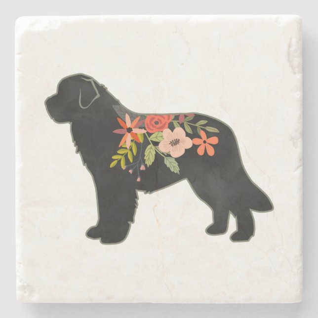 Posavasos De Piedra Perro de Terranova Raza de Silueta Floral Boho (Anverso)