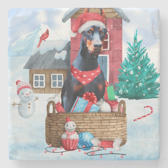 Posavasos De Piedra Perro Doberman en casa de perros de Navidades de n (Anverso)