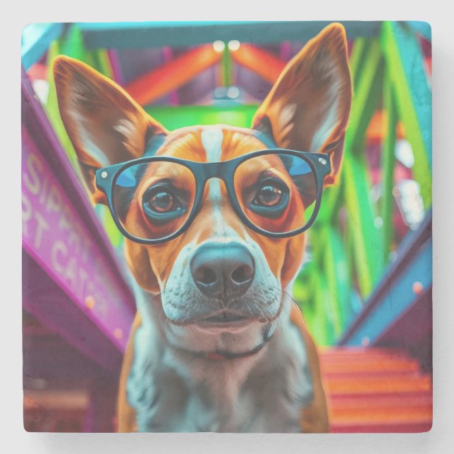 Posavasos De Piedra Perro genial con gafas de sol (Anverso)