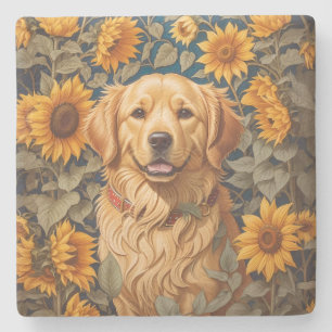 Posavasos De Piedra Perro Golden Retriever En El Campo Del Girasol