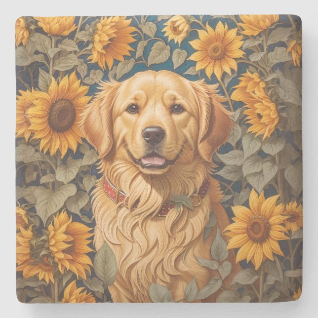 Posavasos De Piedra Perro Golden Retriever En El Campo Del Girasol (Anverso)