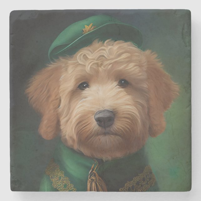 Posavasos De Piedra Perro Goldendoodle con vestido del Día de San Patr (Anverso)